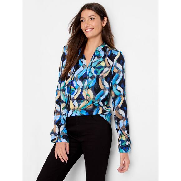 NWT NIC+ZOE Wave Links Top Size M Blue Black Print Blouse Classic Party Dressy - Picture 5 of 13